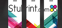 3 erected roller banners with the stuprint logo spread across them