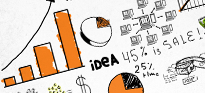 Drawings of mind map, bar chart and pie chart