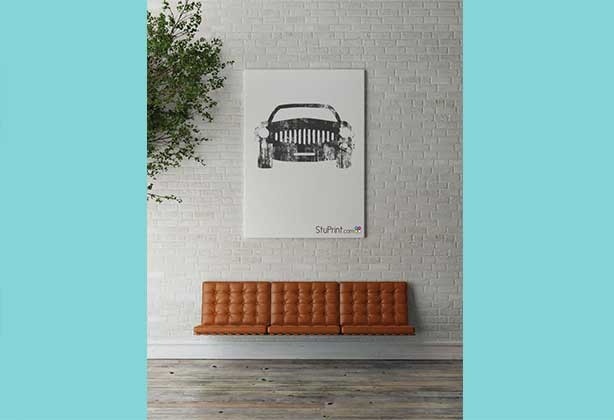 A1 printed poster hanging on a wall with car design