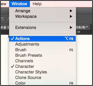 Photoshop dropdown from the window tab